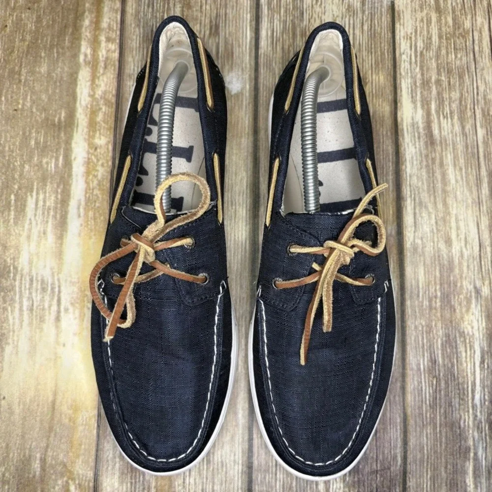 L.L. Bean Sunwashed Canvas Navy Blue Beachy Nautical Preppy Boat Shoe‎ Mens 10